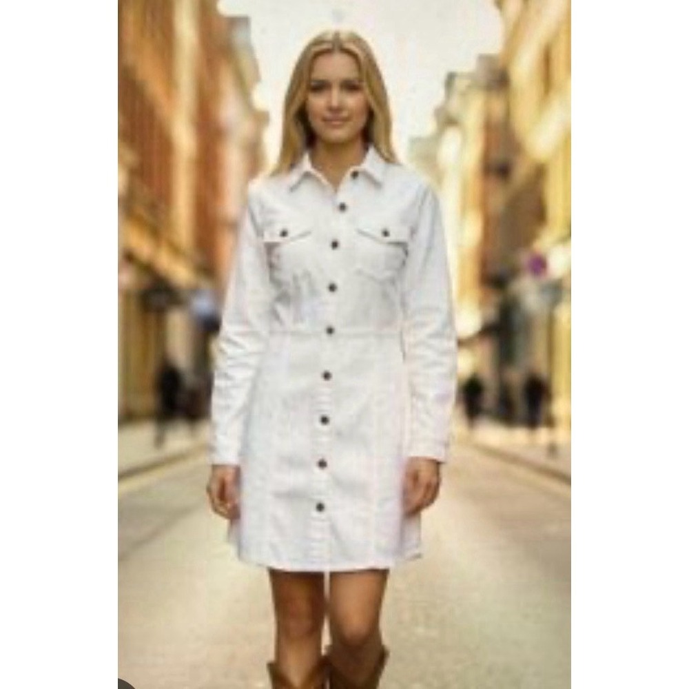 Frye White Denim Shirt Dress Button Front Pockets Long Sleeve L Western Casual
